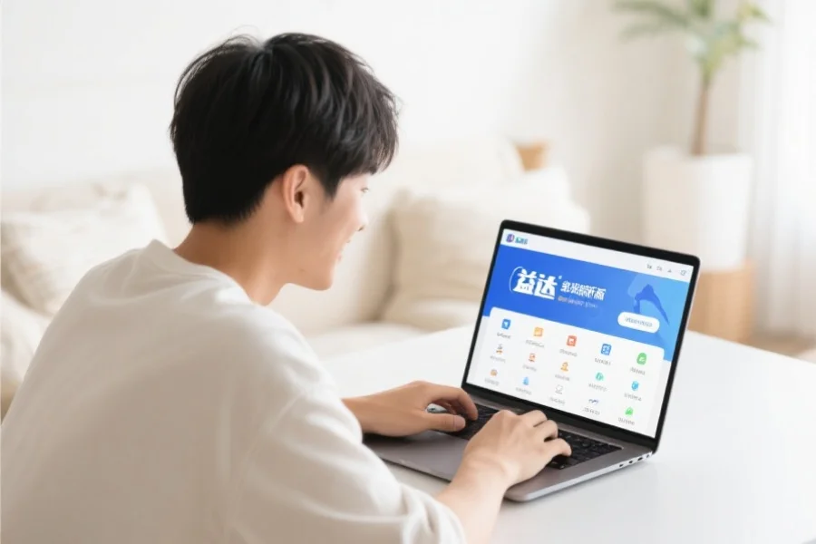 一位年轻用户在明亮舒适的室内环境中愉快地使用笔记本电脑，屏幕上展示安信14客户端新版界面